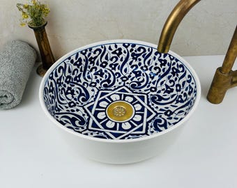 Lavabo de cerámica floral hecho a mano: lavabo redondo de encimera
