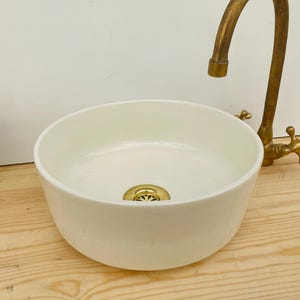 Handmade Ceramic Vessel Sink: White Clay Washbasin with Brass Drain