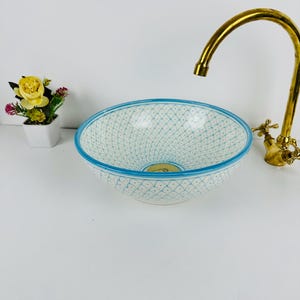 Hand-Painted Ceramic Sink: Light Blue Fish Scale Vessel Bowl