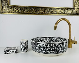 Handmade Ceramic Sink: Black & White Scallop Vessel Basin