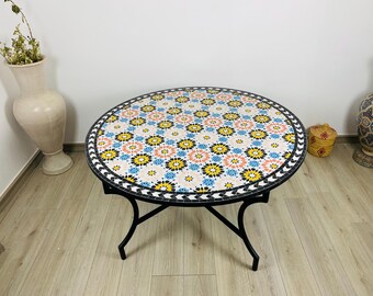 Handmade Moroccan Mosaic Dining Table: Vibrant Floral Zellige Tile