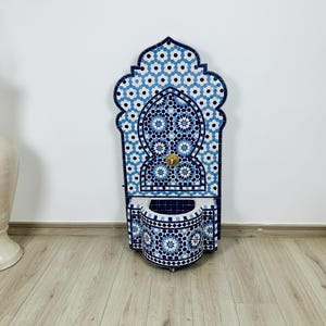 Handmade Blue Mosaic Fountain: Moroccan Tile Wall Feature with Brass Spout