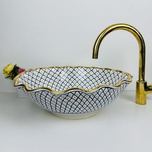 WAVE CERAMIC SINK, 14K Gold with Blue Fish scale Pottery Washbasin, Wave Basin Sink, Unique Color bathroom Vessel Sink, Restroom basin.