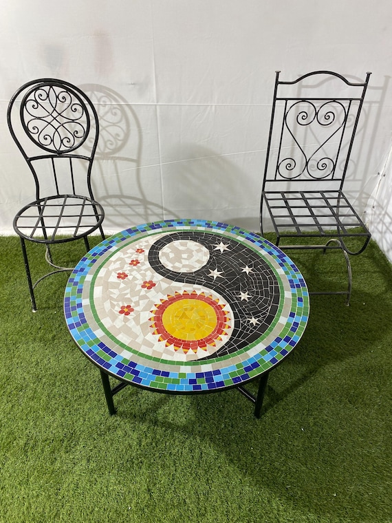 Yin Yang Mosaic Tile Table: Handmade Sun & Stars Celestial Accent