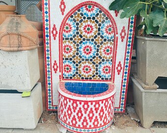 Handmade Mosaic Garden Fountain: Red Zellige Tile, Brass Spout