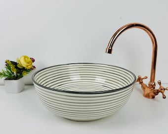 Handmade Striped Ceramic Sink, Elegant Gray and White Washbasin