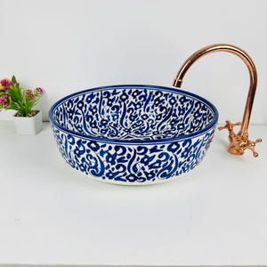 Handmade Ceramic Washbasin: Mediterranean Blue Floral Vessel Sink