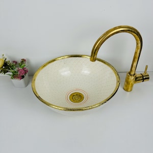 LAVATORY CERAMIC SINK, Moroccan Bathroom Sink, Round Ceramic Wash Basin, Light Pink Vessel Sink with Gold Rim, Farmhouse Vanity Bowl.