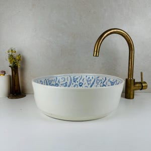 Custome Made Sky Blue Washbasin, Modern Wash-hand Floral Design, Lavatory Bathroom Vessel Sink Round hand painted, Countertop vanity basin
