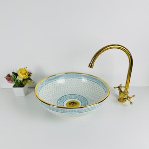 Lavabo marroquí pintado a mano: azul costero, borde de oro de 14 quilates