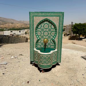 HANDMADE CUSTOM FOUNTAIN, Green & Biege Garden fountain with Gold Faucet, Hand Cutting tiles Fountain, Water Fall Fountain, Unique Fountain