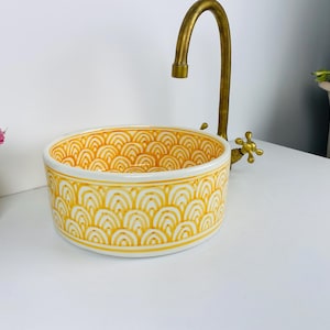 Orange Moroccan Ceramic Sink, Hand-Painted Round Lavatory Vessel Sink, Bright Boho Bathroom Washbasin, Artisanal Vanity Bowl Sink.