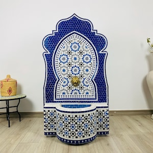 Handmade Moroccan Mosaic Fountain: Blue Zellige Tile, Brass Tap