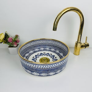 Lavabo de cerámica artesanal: diseño marroquí azul, borde de oro de 14 quilates