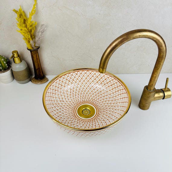 Hand-painted Terracotta Ceramic Sink: 14K Gold Fish Scale Bathroom