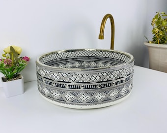 Handmade Moroccan Ceramic Vessel Sink: Black & White Silver Rim