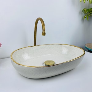 Elegante lavabo de cerámica blanco y gris con borde dorado - Lavabo ovalado - Lavabo artesanal - Tocador de encimera - Lavabo de estilo único