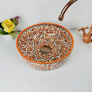 Customized ceramic sink Orange Floral, washbasin Bathroom Vessel Sink, Round basin hand painted, Countertop vanity basin