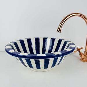 Hand-Painted Ceramic Vessel Sink: Navy Blue Striped Coastal Bathroom Basin