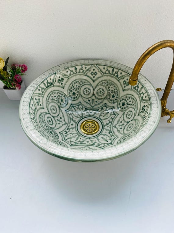 Lavabo à poser ou sous plan, lavabo fait main en céramique verte avec délicat motif mauresque, lavabo artisanal