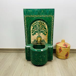 Tree of Life Moroccan Fountain - Green Mosaic Wall Fountain - Handcrafted Zellige & Brass Faucet fountain - Indoor Outdoor Decor Fountain