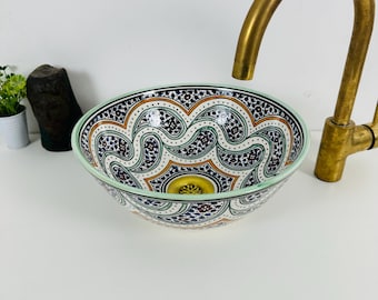 Lavabo de cerámica marroquí artesanal: Lavabo Starburst con borde verde