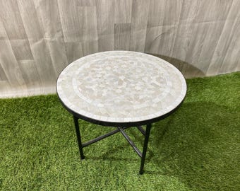 Handcrafted Moroccan Mosaic Table, Neutral Zellige Tile Art
