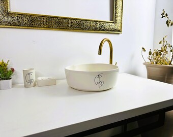 Handcrafted Ceramic Basin: Black Ink Portrait, Contemporary Vanity Sink