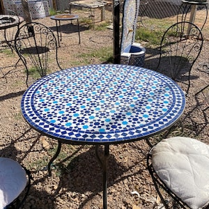 GARDEN MOSAIC TABLE, Large Tile Outdoor Table, Round Blue Mosaic Bistro Table, 100% Handmade Table for Outdoor Seating, Dining Mosaic Table.