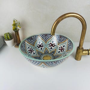 SOPHISTICATED CERAMIC SINK, Hand painted bathroom Vessel wash basin sink, Mid Century Modern Style, Handmade Lavatory Modern Moroccan Basin