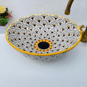 Sunflower SINK HANDMADE, Peacock Tail Ceramic Bathroom Basin, Handmade Vintage Vanity Sink, Rustic Farmhouse Wash Bowl, Round Sink Bathroom