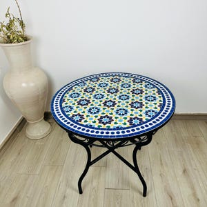 Colorful Moroccan mosaic table - round tiled patio table with iron base - handmade ceramic outdoor garden or balcony accent piece