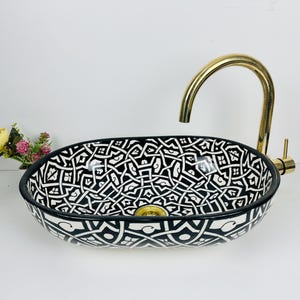 Moroccan Bathroom Sink - Oval Ceramic Washbasin - Black & White Patterned Vanity Bowl - Calligraphy Inspired Countertop Wash Bowl