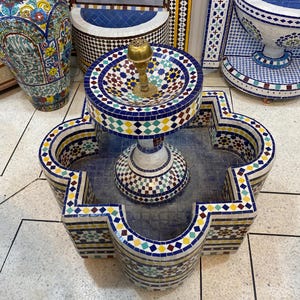 Authentic Moroccan Fountain, Hand-Chiseled Zellige Tiles, Handmade Indoor & Outdoor Water Feature, Floor Fountain for Garden Decor