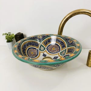 HANDCRAFTED CERAMIC SINK, Artisan Painted Wash Bowl, Traditional Pattern Sink, Bathroom Vessel Sink, Countertop Ceramic Bowl Sink Lavatory