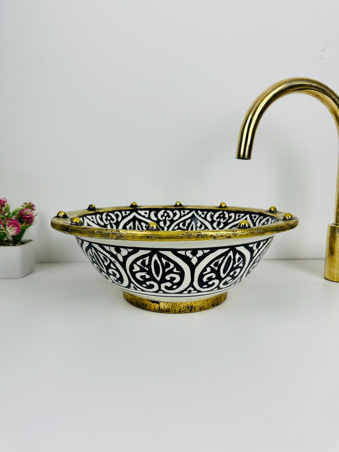 BRASS VESSEL SINK, Porthole-rim Ceramic Sink, Black Arabesque Bowl With ...