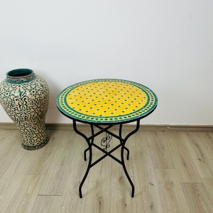 Handmade Yellow & Verde Mosaic Tile Table - Round Moroccan Patio Table for Balcony or Garden - Outdoor Coffee Table - Iron Base Table
