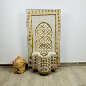Handmade Zellige Tile Fountain: Beige Moroccan Water Feature with Brass Spout