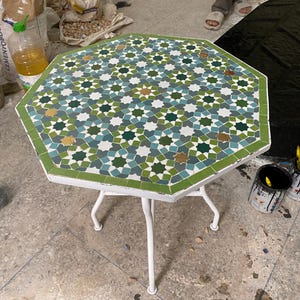 OCTAGON MOROCCAN TABLE with white base, Emerald Green Mosaic Table, Intricate Star, 100% Handmade Garden or Indoor Table