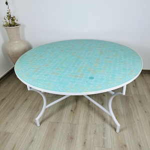 OUTDOOR CYAN MOSAIC Table, Round Patio Dining Table, Luxurious Outdoor Patio Furniture, Traditional Custom Made Design