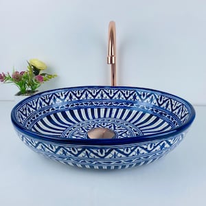 Rustic Handmade Ceramic Oval Sink in Blue & White - Oval Bathroom Vessel Bowl - Lavatory Wash Basin for Countertop - Unique Art Design Sink