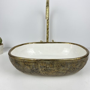 HANDMADE MOROCCAN SINK, Brass Oval Vessel Sink for Bathroom Vanity, Hand Painted Ceramic Basin, Custom Minimalist Washbasin, Luxury Sink