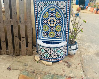 Handcrafted Moroccan Zellige Fountain: Jewel-Tone Mosaic, Brass Spout