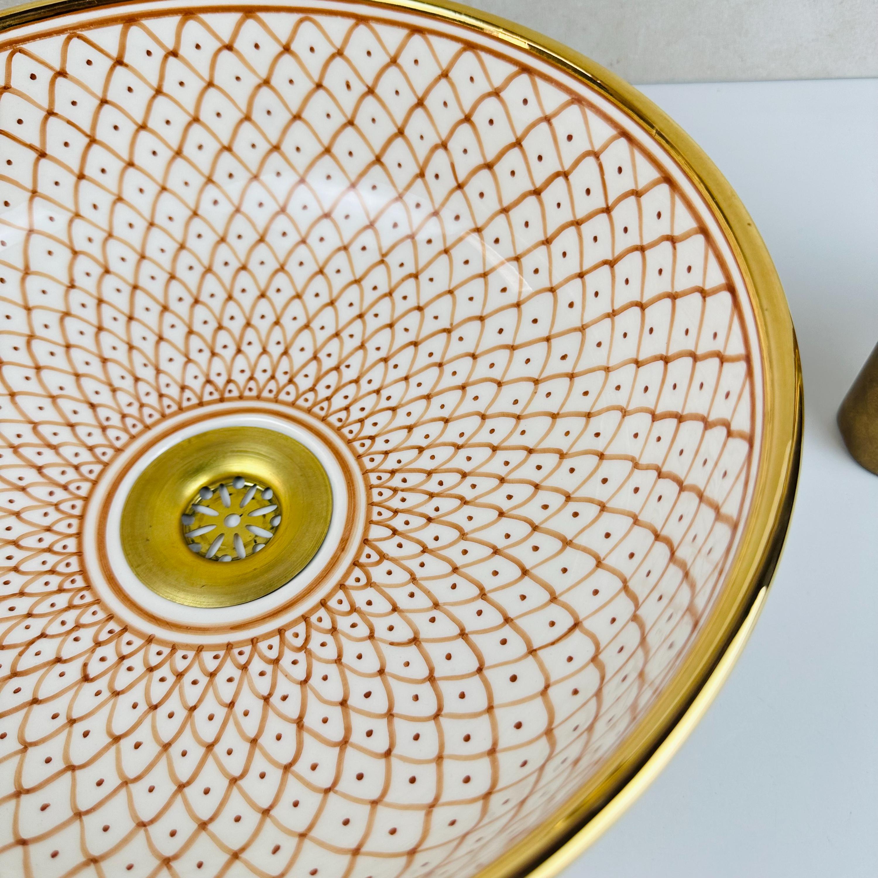 Hand-painted Terracotta Ceramic Sink: 14K Gold Fish Scale Bathroom