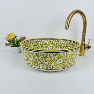 Yellow Floral Sink, Custome made washbasin, Bathroom Vessel Sink, Round basin hand painted, Countertop vanity basin sink