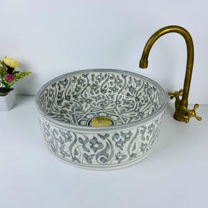Mid Century Custome made sink, Gray Handcrafted Bathroom Vessel washbasin, Round basin hand painted floral, Countertop vanity basin sink