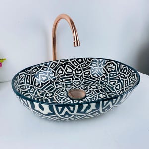 Oval Artisan Ceramic Sink Black Geometric Motif – Moroccan Oval Vessel Basin for Bathroom Vanities, Hand-Painted oval Rustic Countertop Bowl