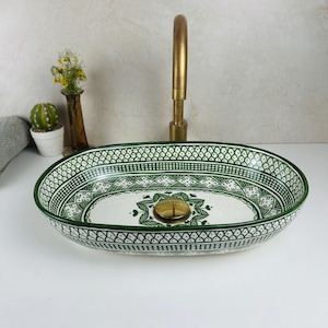 Lavabo ovalado de cerámica verde para baño - Lavabo marroquí hecho a mano - Lavabo rústico bohemio - Decoración artesanal para encimera