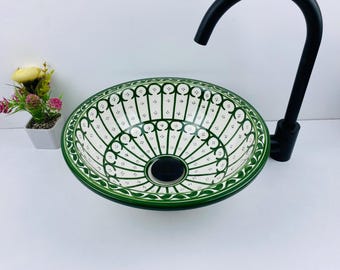 Handgefertigte Keramik Waschbecken, grüne geometrische Waschschüssel, Boho Dekor