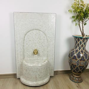 Elegant White Mosaic Fountain – Moroccan Handmade Garden Fountain – Arched Wall Water Feature – Brass Tap – Zellige Tile Art